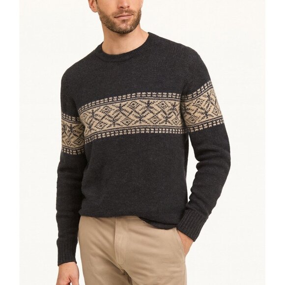Banana Republic Fair Isle Lamb Wool Crewneck Sweater Charcoal Gray Nordic Knit L - Picture 1 of 9